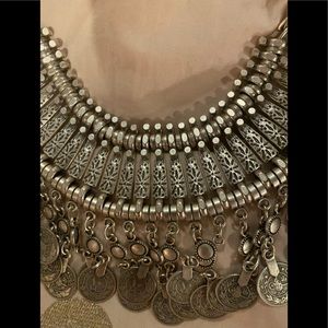 Silver coin boho bib necklace